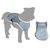 Veste pour chien en tissu mesh gris clair et blanc, vue portée sur silhouette de chien et vue à plat, bords blancs, sangle noire visible sous le ventre.